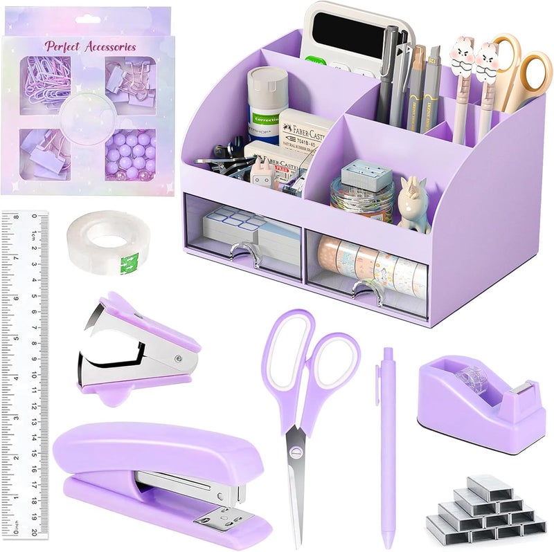 COMFYROOM Desk Accessories with Pen Holder, Office Supplies Desk Organizers and Accessories, Tape Dispenser, Stapler, Staple Remover, Staples, Clips Set, Ruler, Scissor, Pen, Tape (Purple) - Image 1